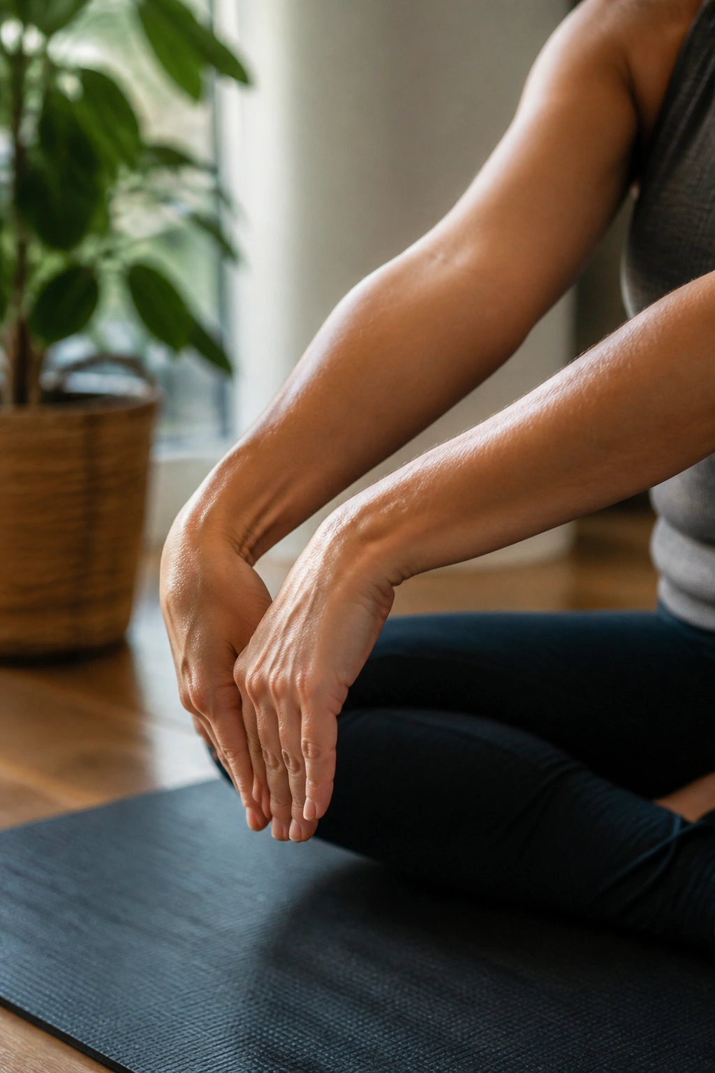 Close-up of wrists and forearms performing gentle wrist circles on a yoga mat
