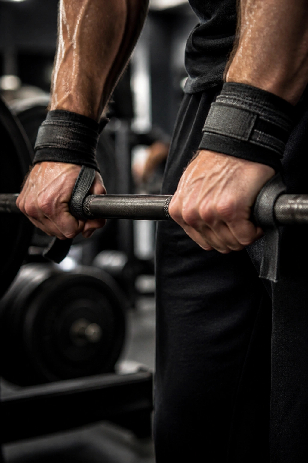 Close-up of forearms with wrist wraps and lifting straps gripping a barbell in a gym