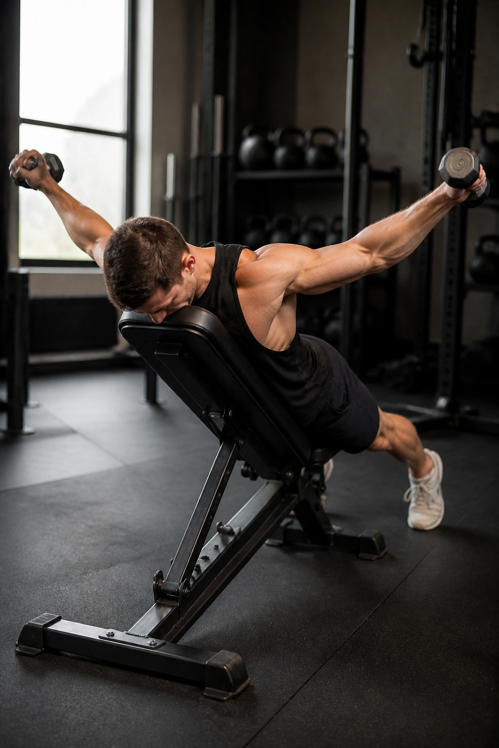 Prone incline Y-raise with arms in a Y shape using light dumbbells