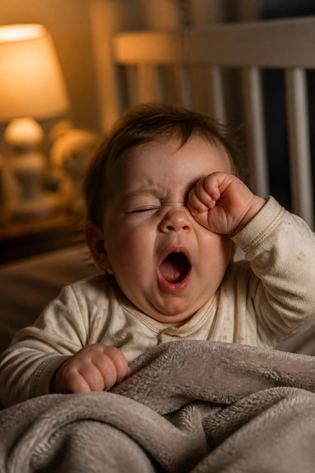 Baby yawning and rubbing eyes at bedtime in a cozy crib