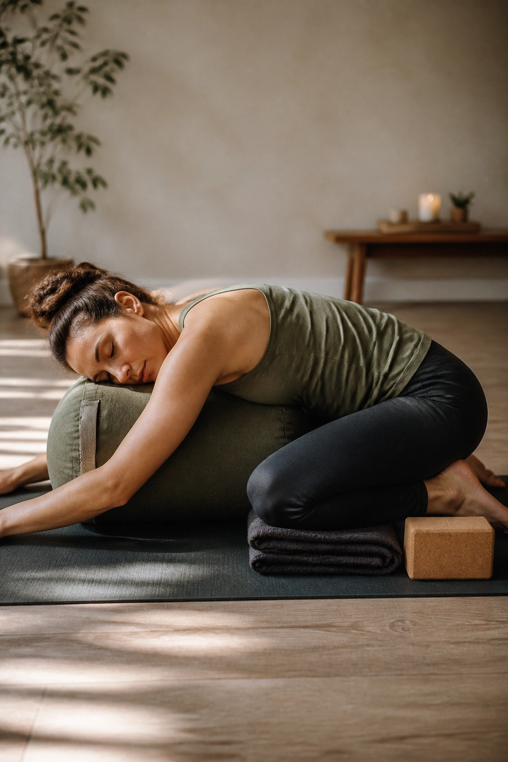 Person in sleeping swan yin pose with bolster on yoga mat