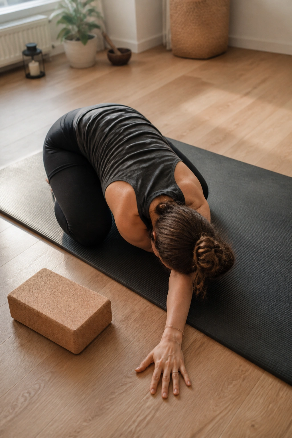 Real person in Child’s Pose with threading arm under the other for upper back release