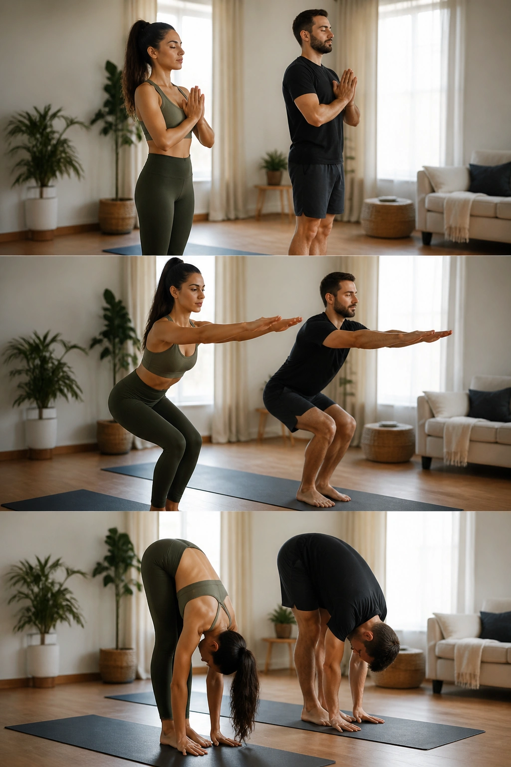 Two people practicing a synchronized yoga flow on mats in a sunlit room.
