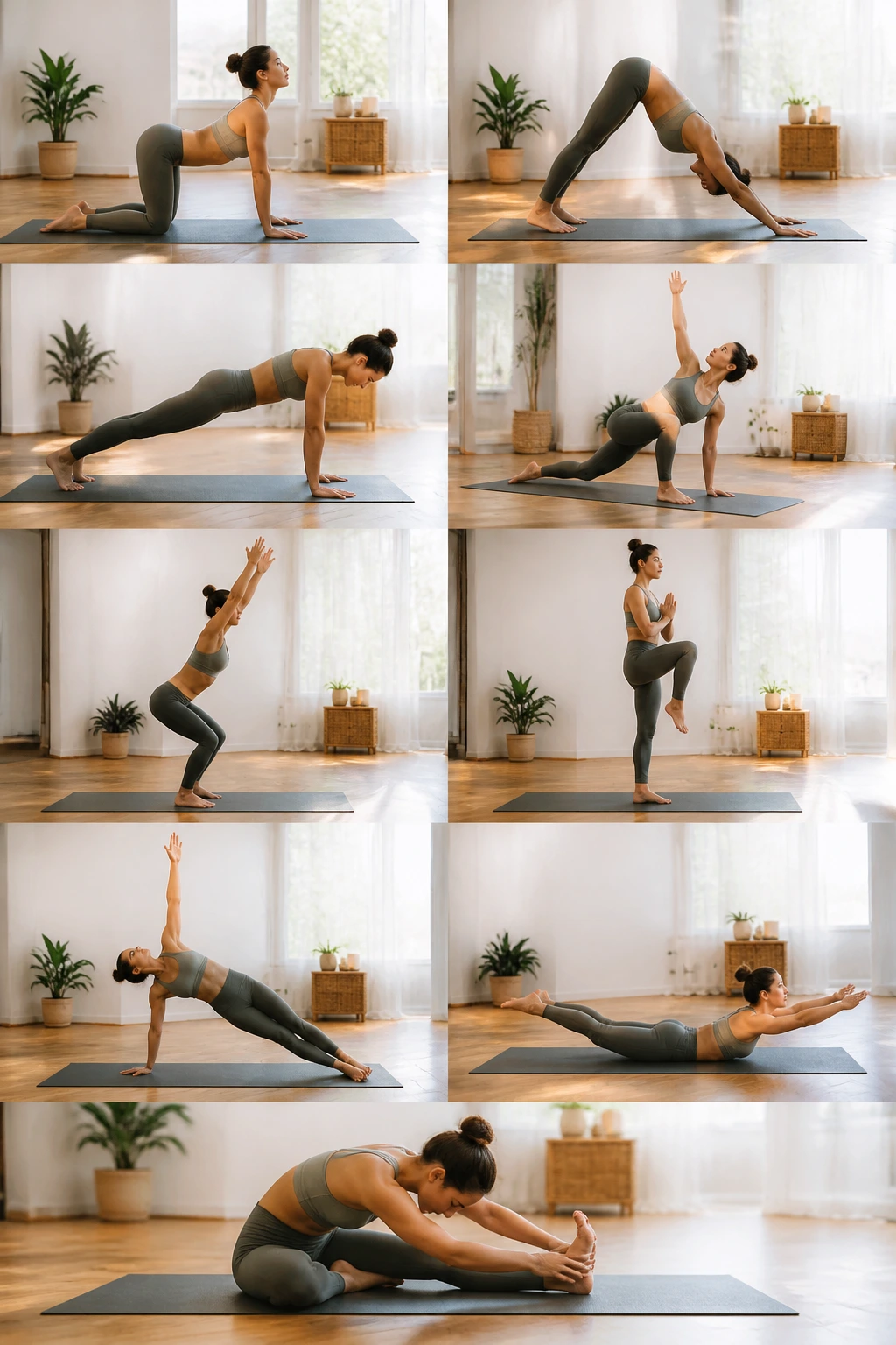 Person practicing a yoga flow in a sunlit home studio.