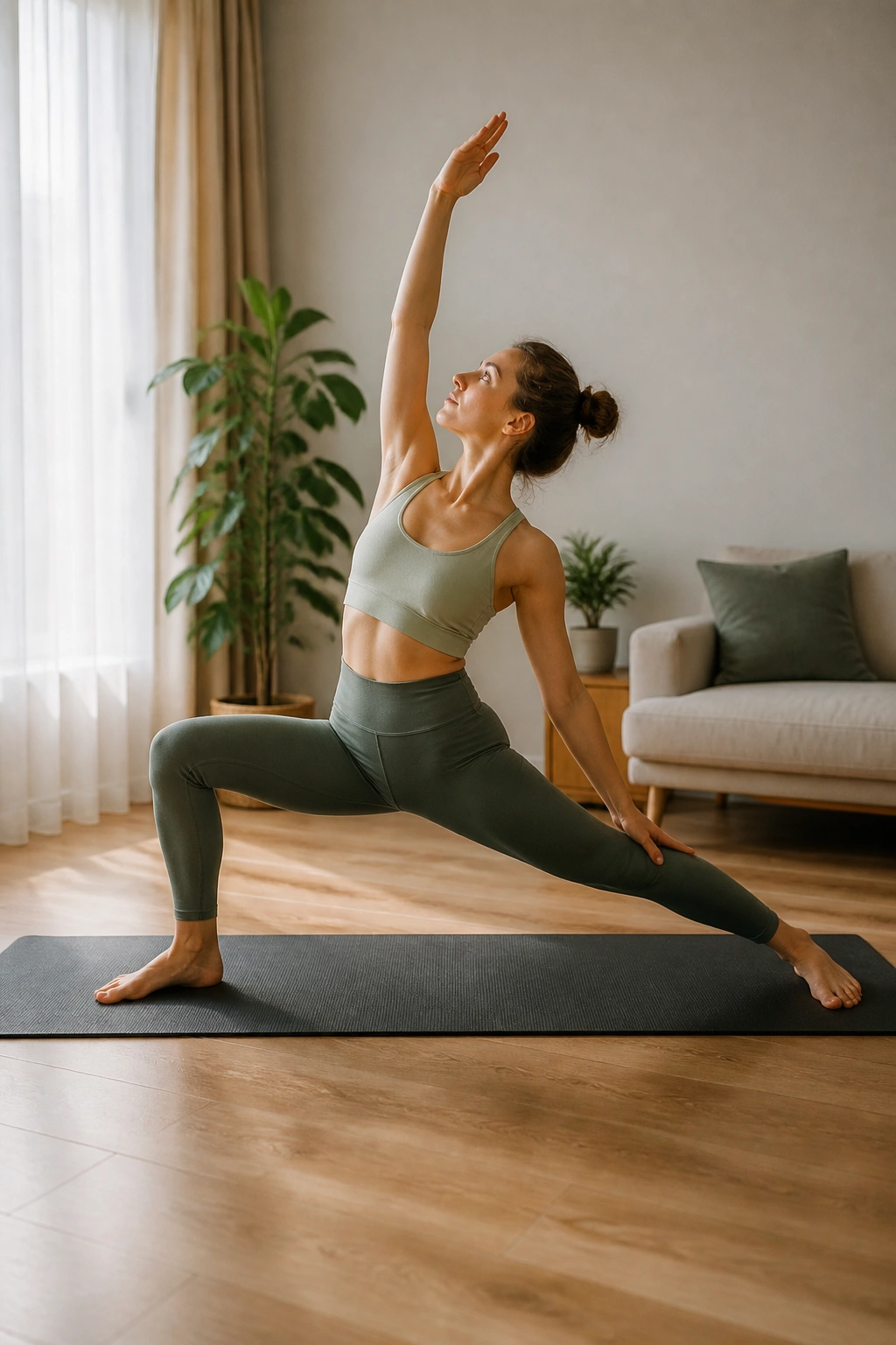 Person on a mat performing yoga-strength flow in a home setting.