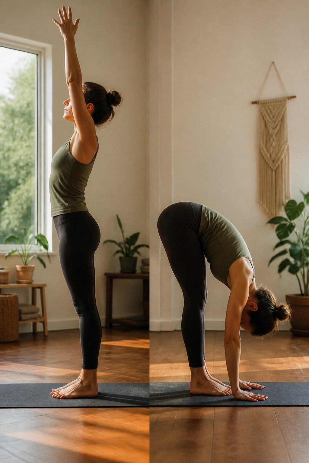 Person performing Half Sun Salutations in a calm home space