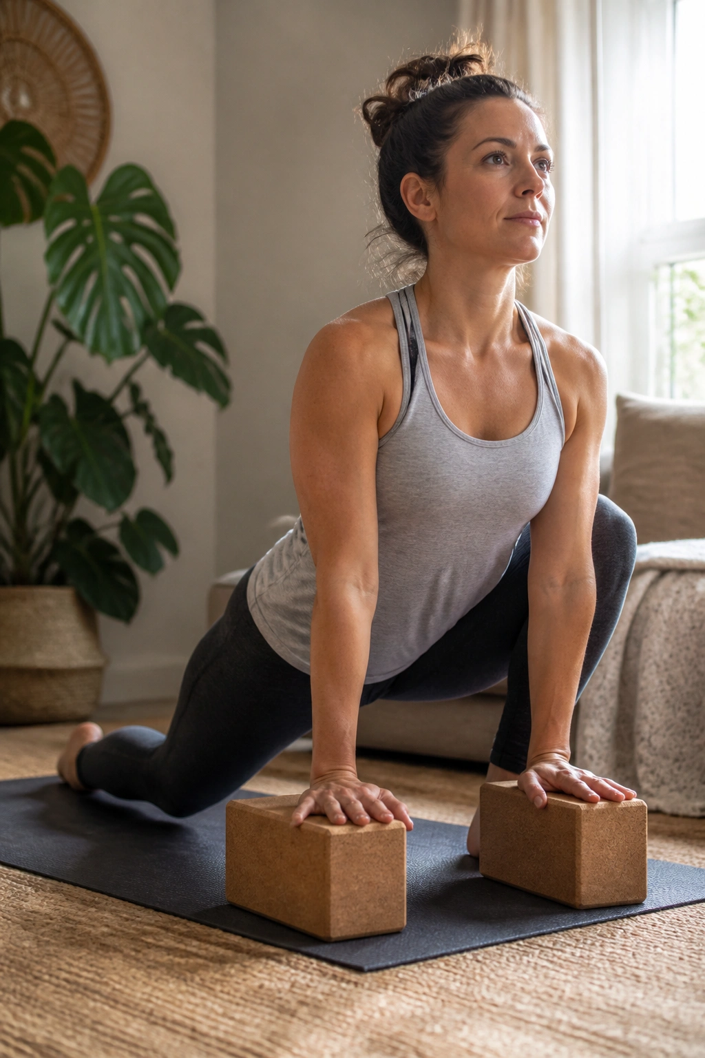 Close-up of a real person in a modified yoga pose using blocks for knee-friendly support.