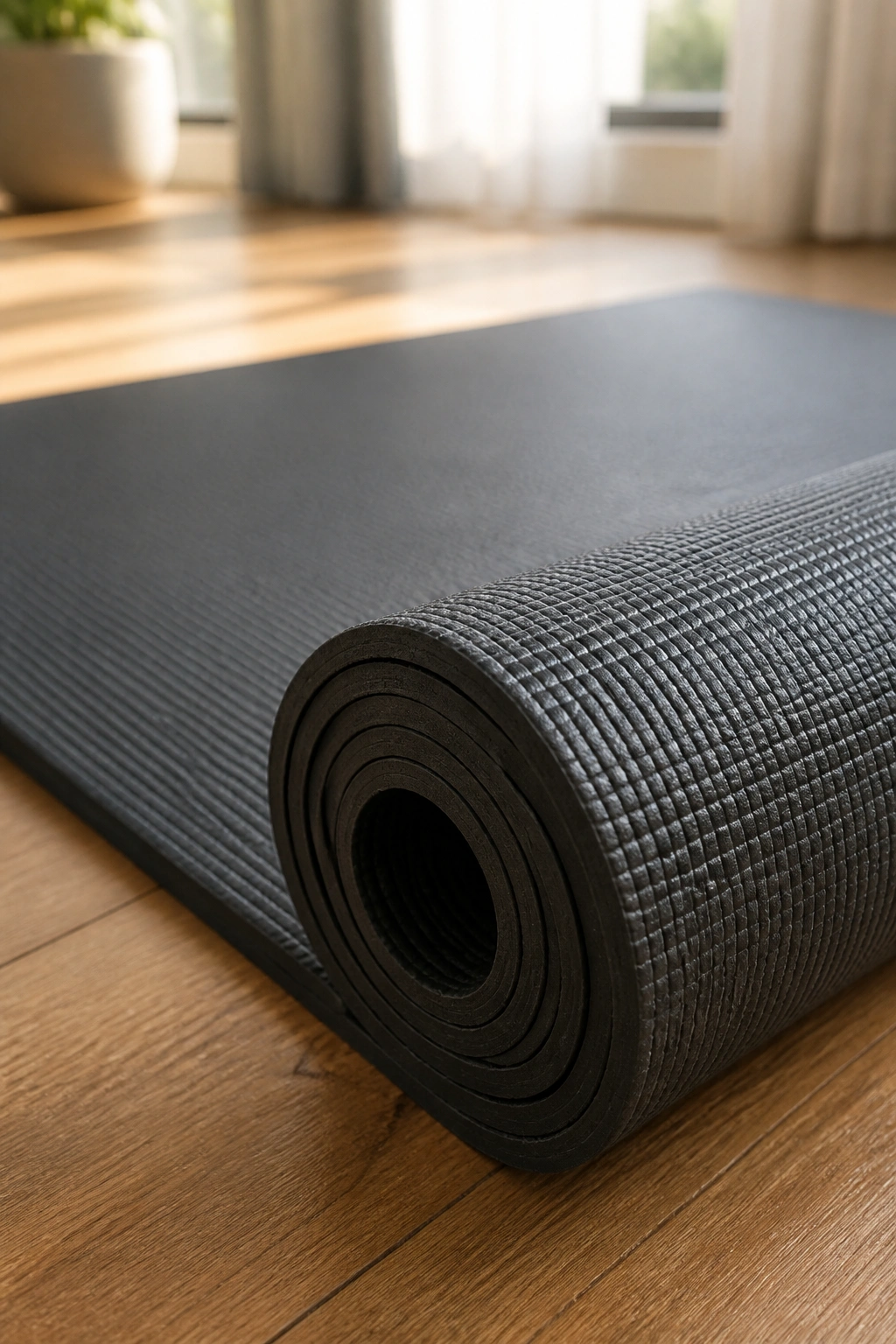 Close-up of a thick yoga mat on a wooden floor in a sunlit room