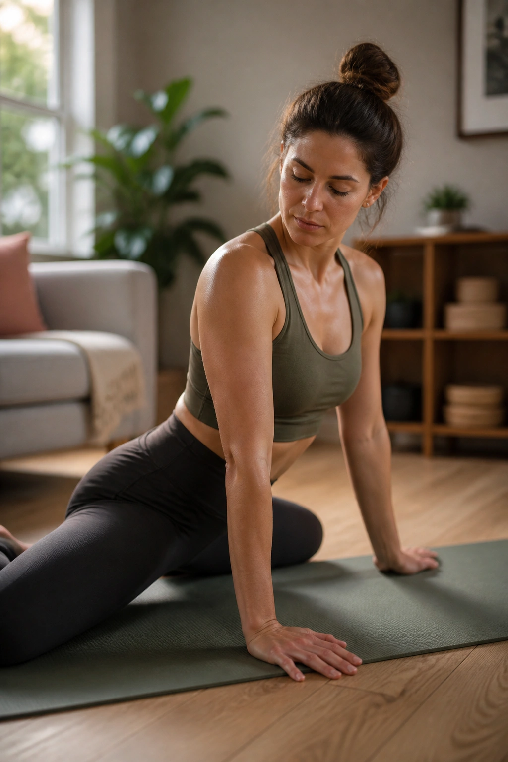 Medium-close portrait of a real person doing mobility-focused yoga flow in a sunlit living room