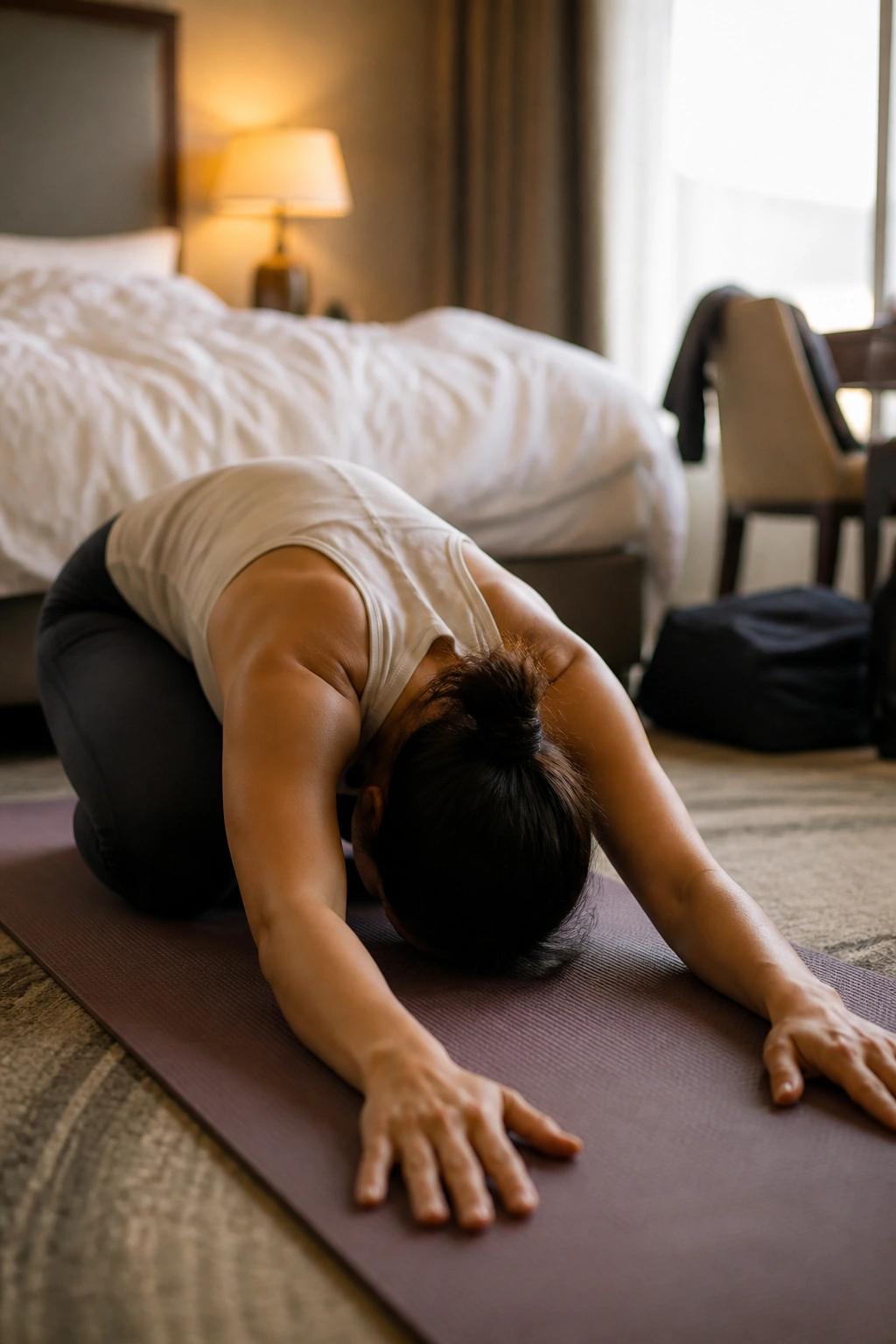Close-up of a person in Child's Pose on a hotel room yoga mat for sleep recovery