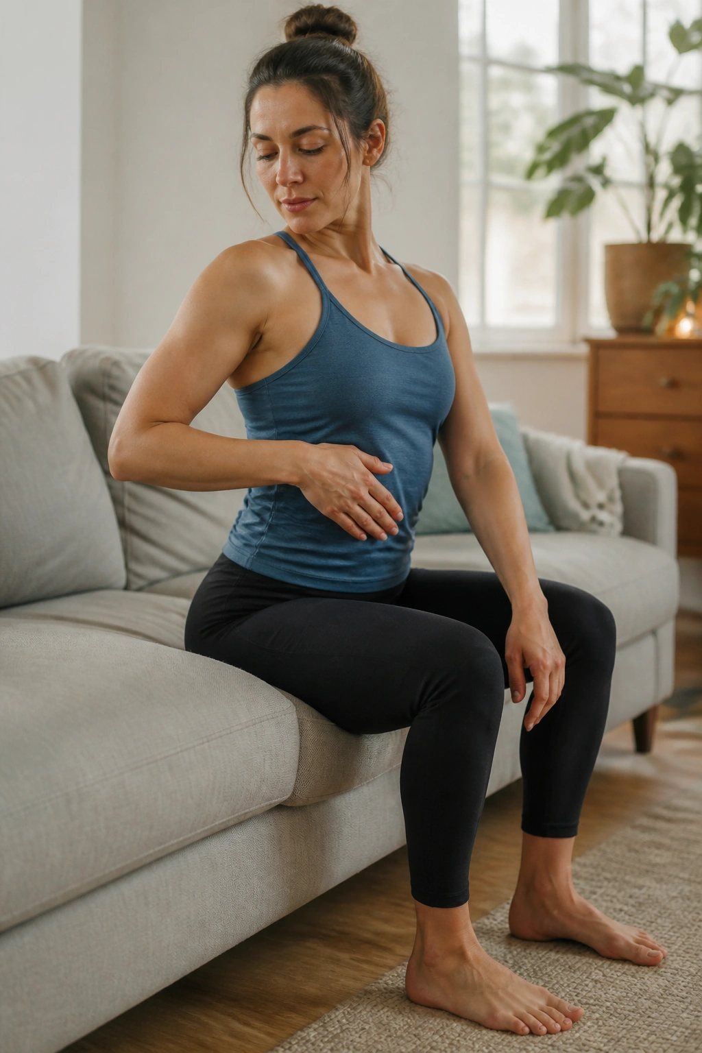 Seated spine waves on couch edge with gentle torso movement.