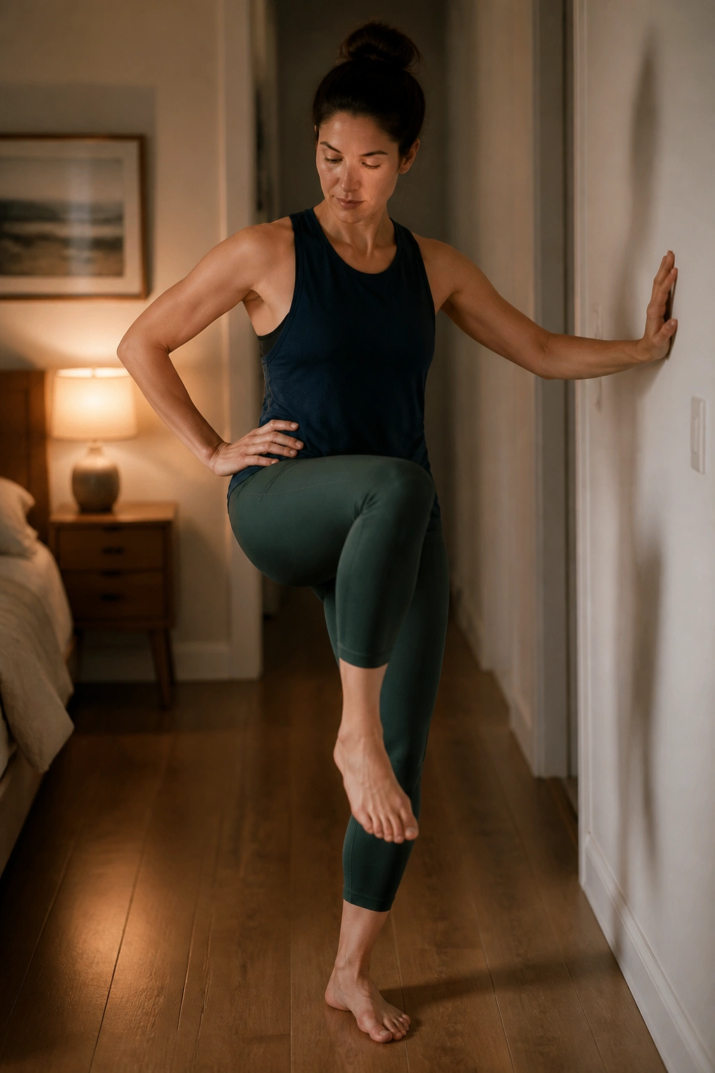 Person performing standing figure-eights near a wall.
