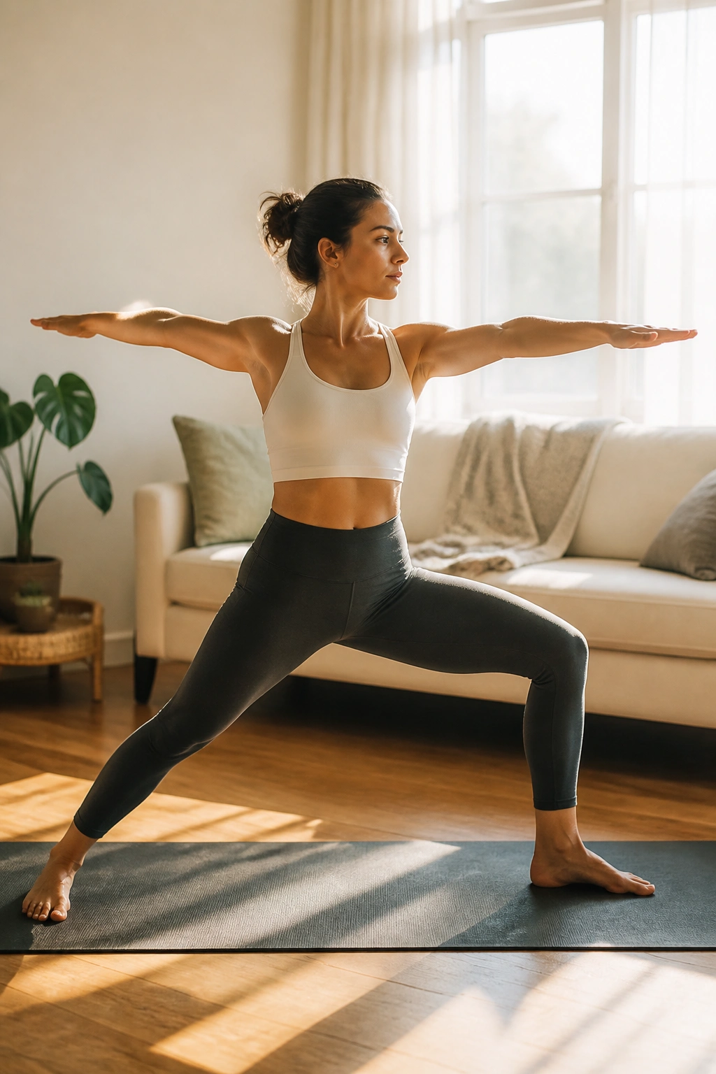 Person in Warrior II yoga pose in a sunlit living room.