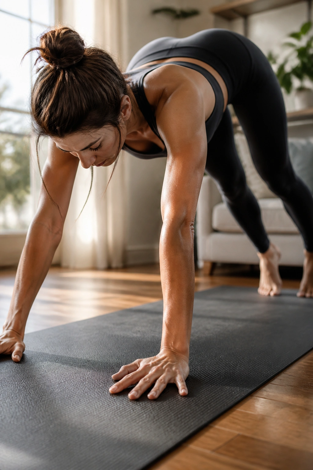 Real person practicing yoga-strength flow in a home setting.