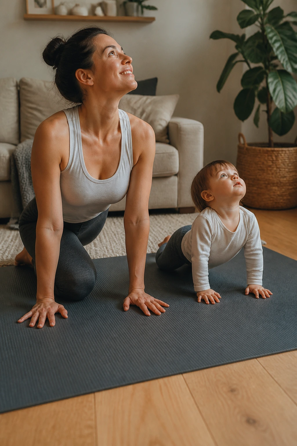 Parent and toddler doing yoga poses together on a mat