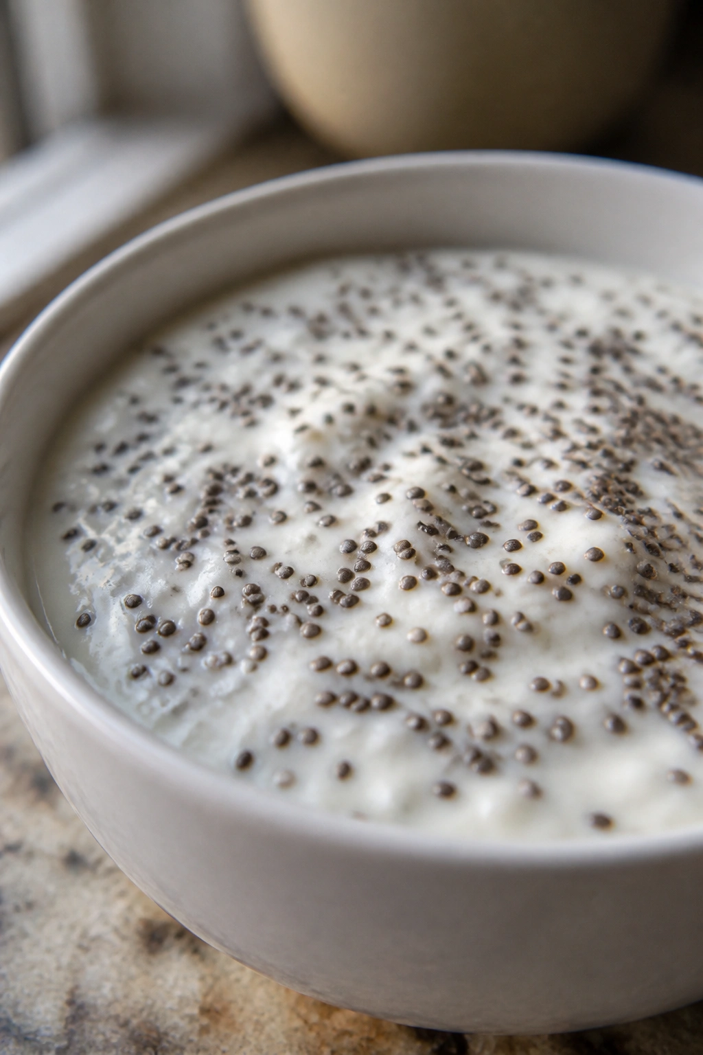 Close-up of Greek yogurt with chia seeds in a bowl, a high-protein, low-glycemic snack
