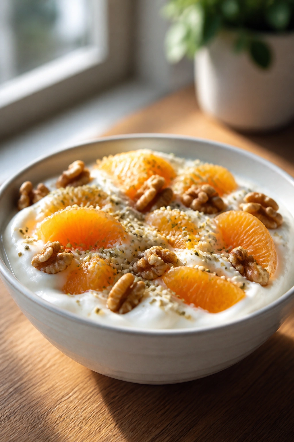 Greek yogurt bowl with citrus segments, walnuts, and hemp seeds on a wooden table