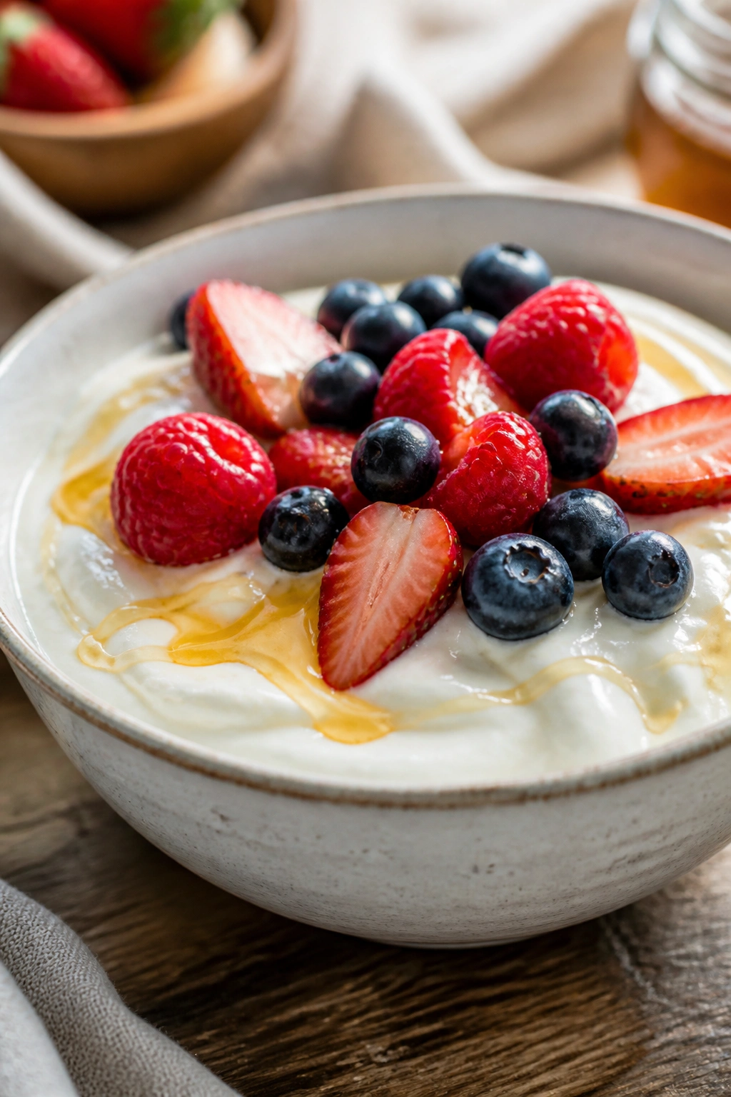 Close-up of thick Greek yogurt with honey and berries in a bowl