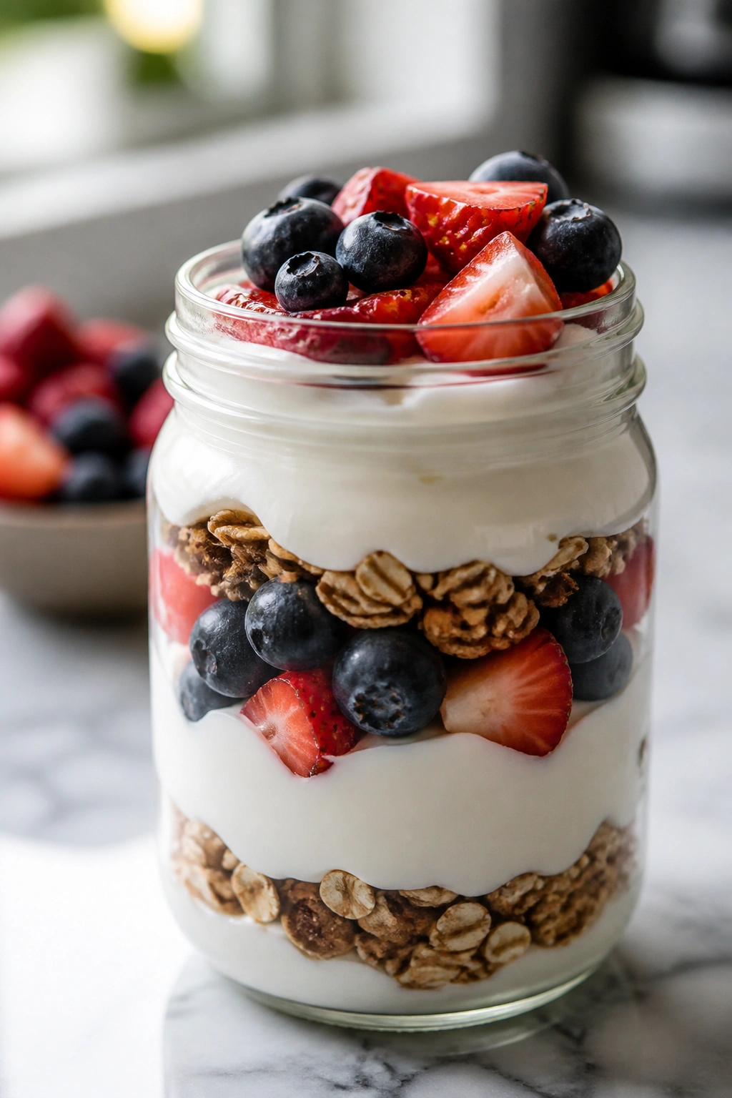 Jar of Greek yogurt parfait with berries in a bright kitchen
