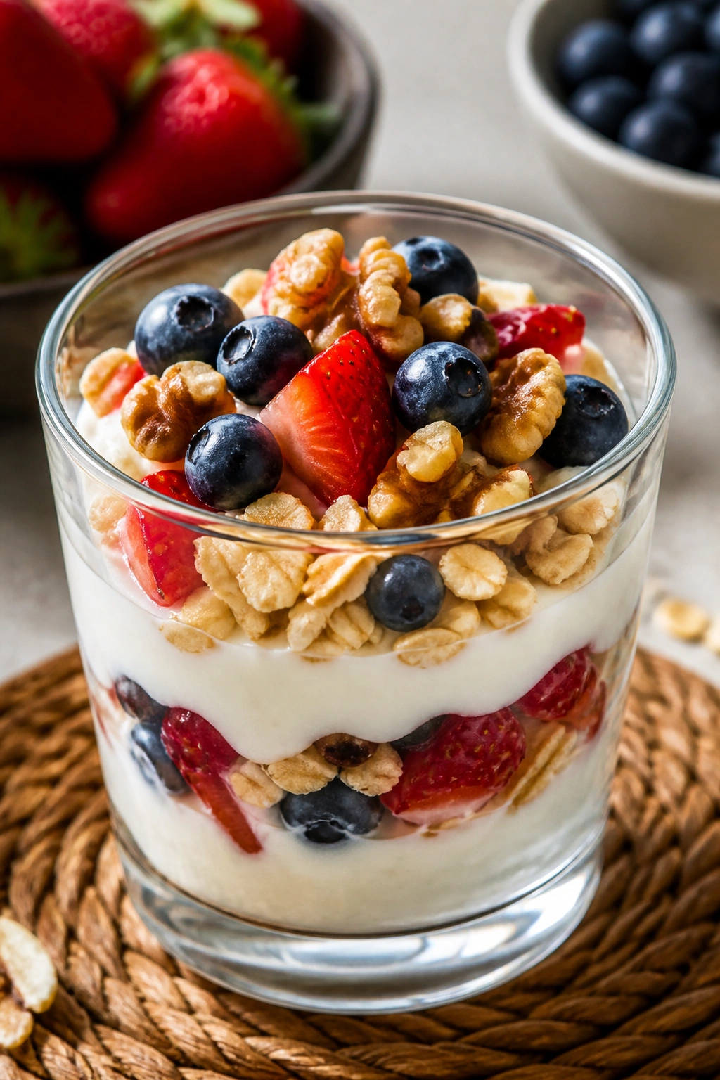 Layered Greek yogurt parfait with berries, walnuts, and toasted oats in a glass