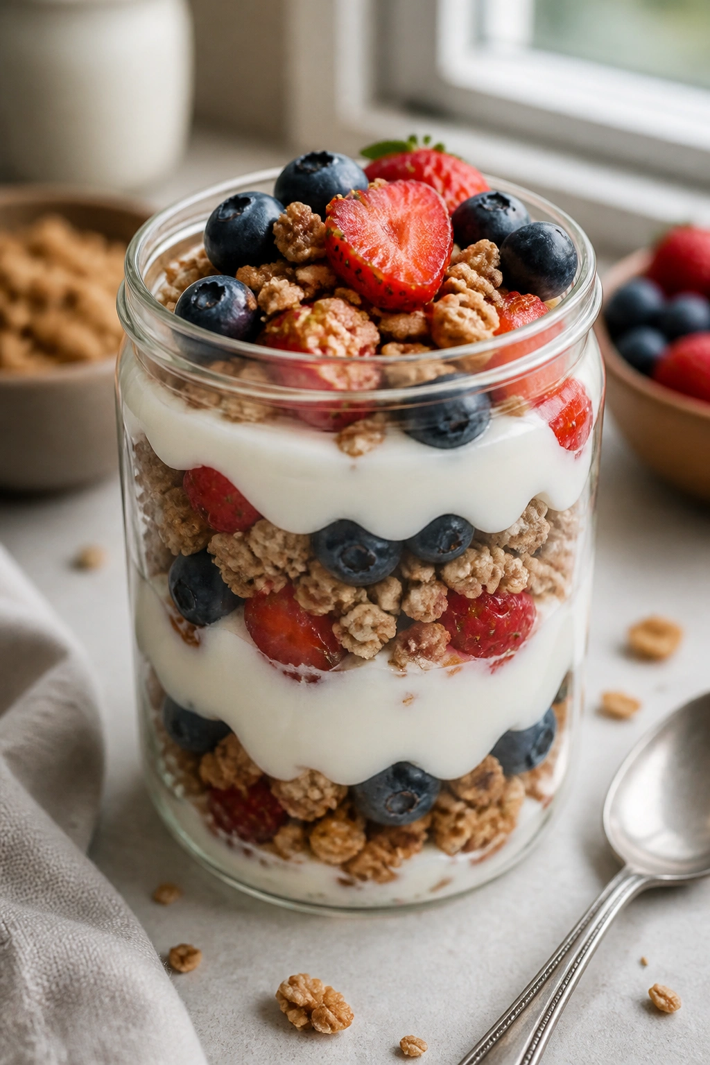Layered yogurt parfait with granola and berries in a glass jar