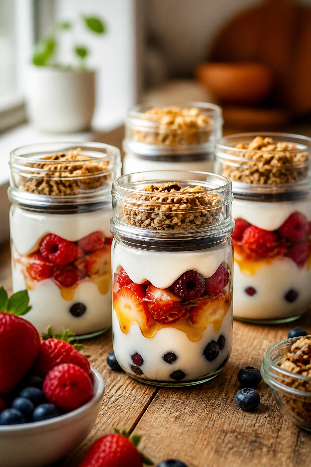 Close-up of layered yogurt parfaits in glass jars with berries and honey on a wooden counter.