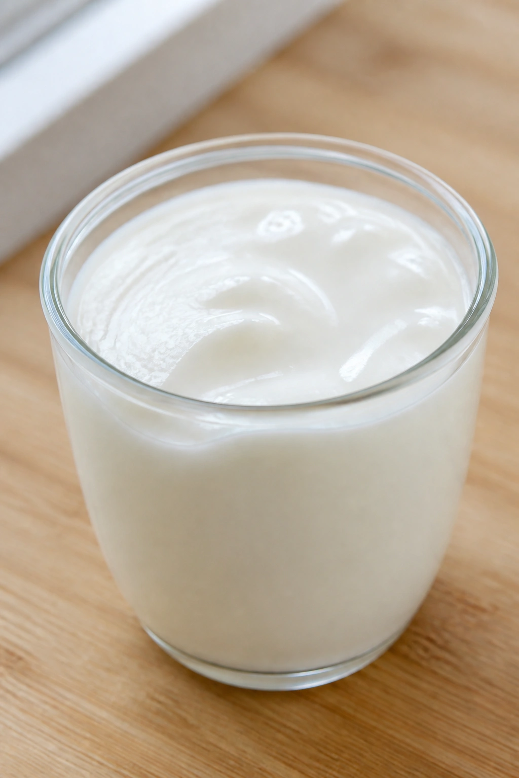 Close-up of plain yogurt in a small glass cup on a wooden counter