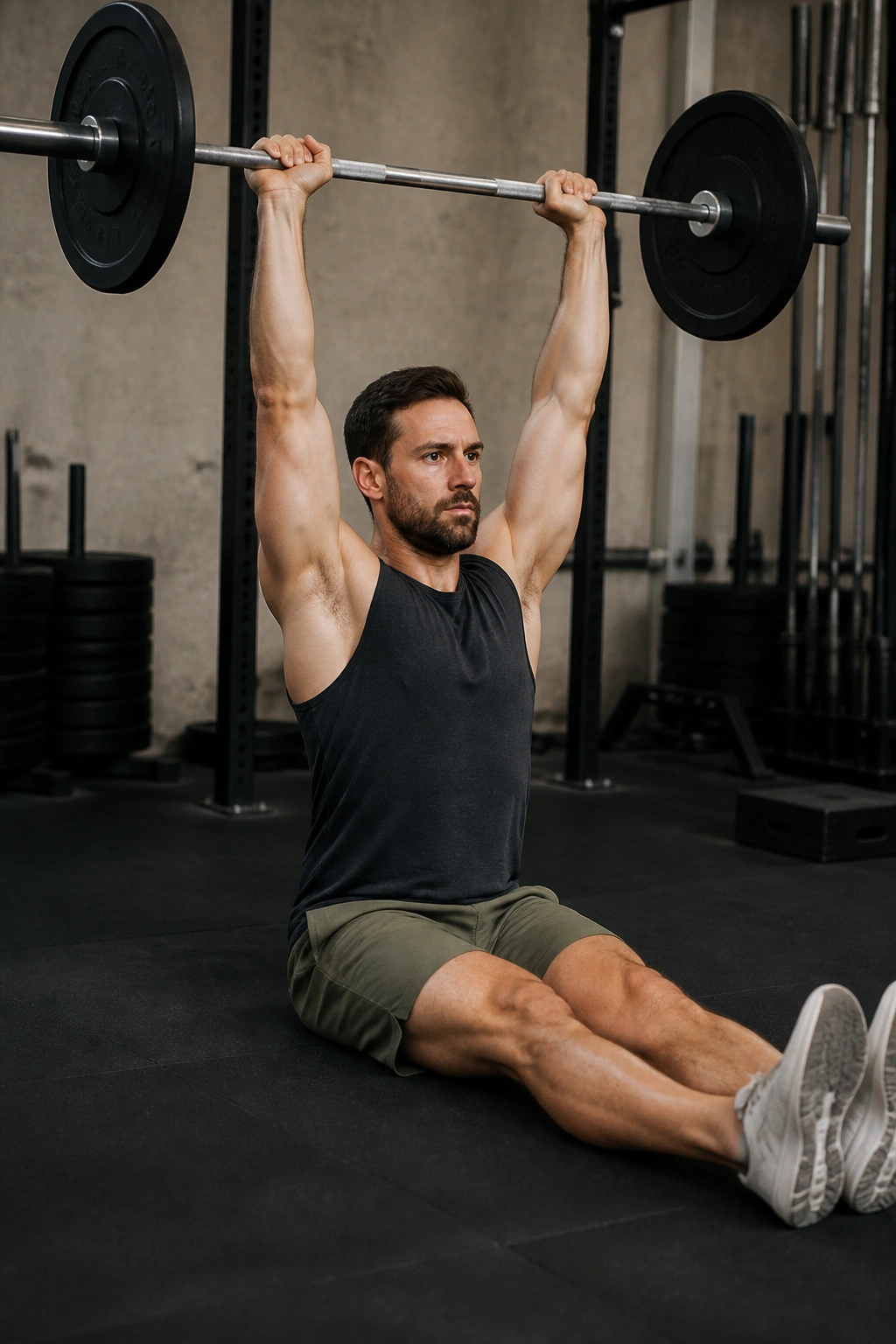 Real person performing a Z press on the floor with legs straight