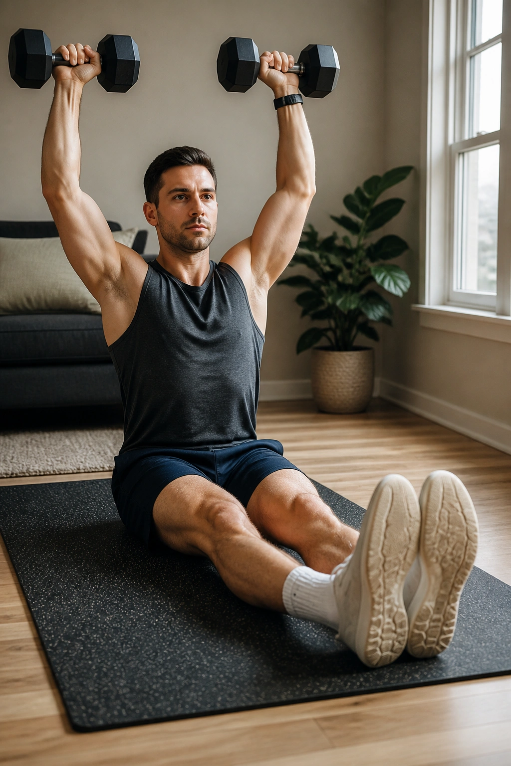 Z-Presses seated on floor with dumbbells overhead