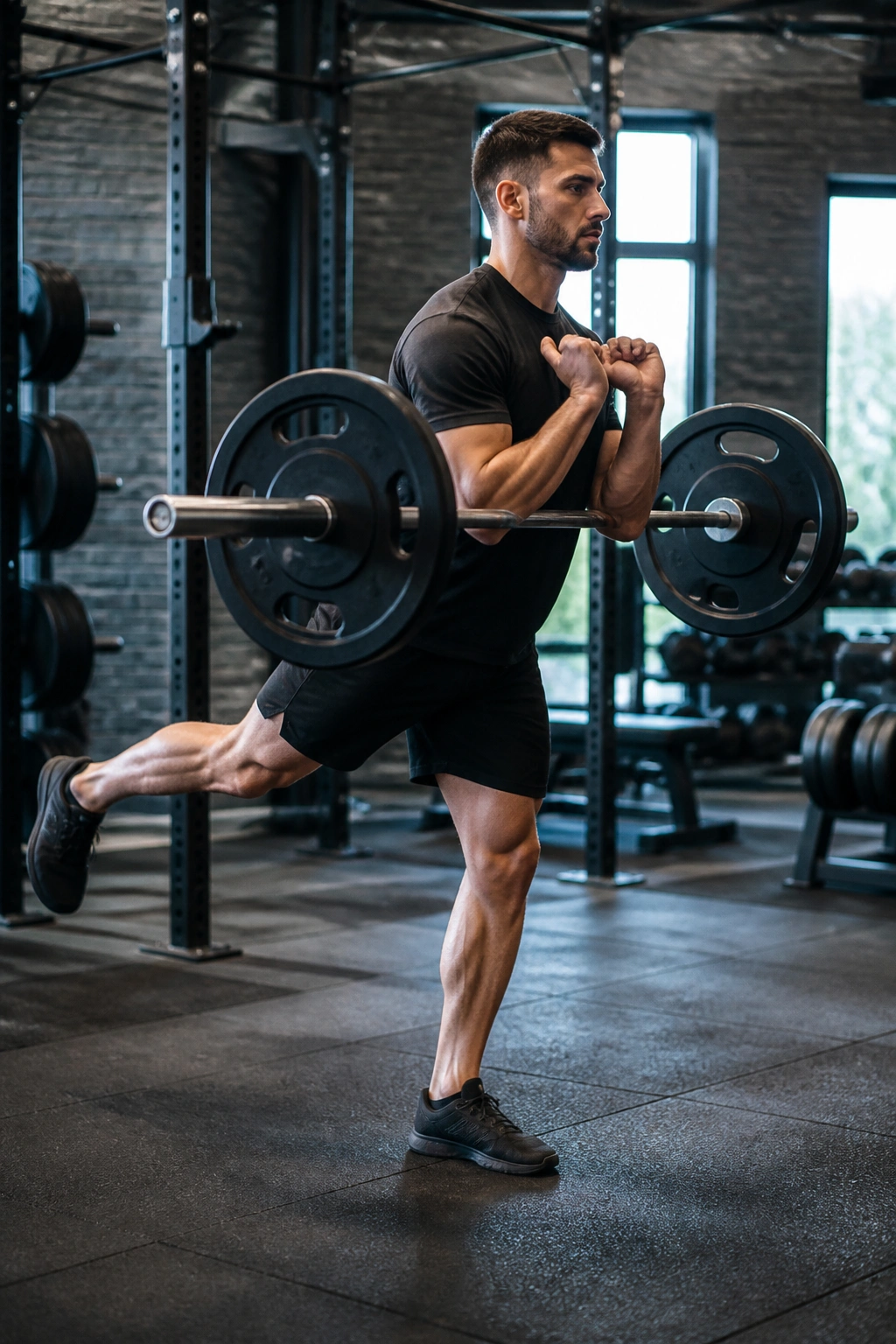 Athlete performing zercher single-leg deadlift in a gym