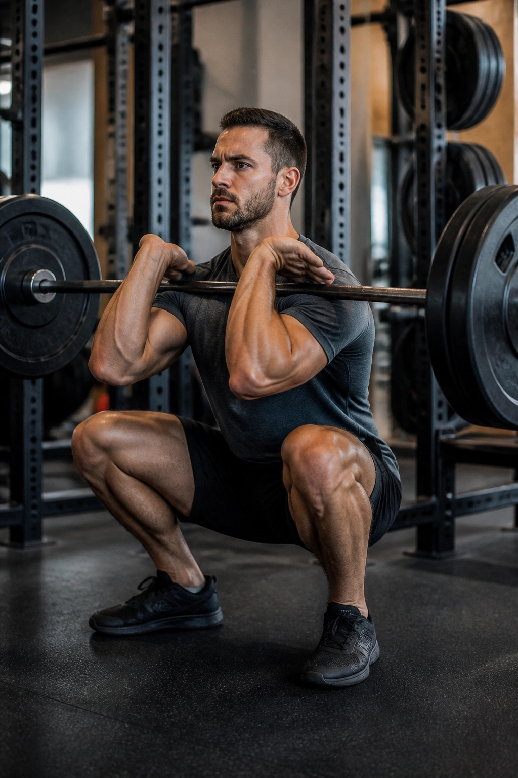 Torso and elbows holding Zercher grip during a squat