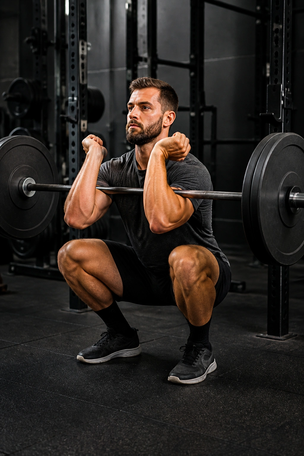 Lifter in Zercher squat showing barbell in elbows against chest