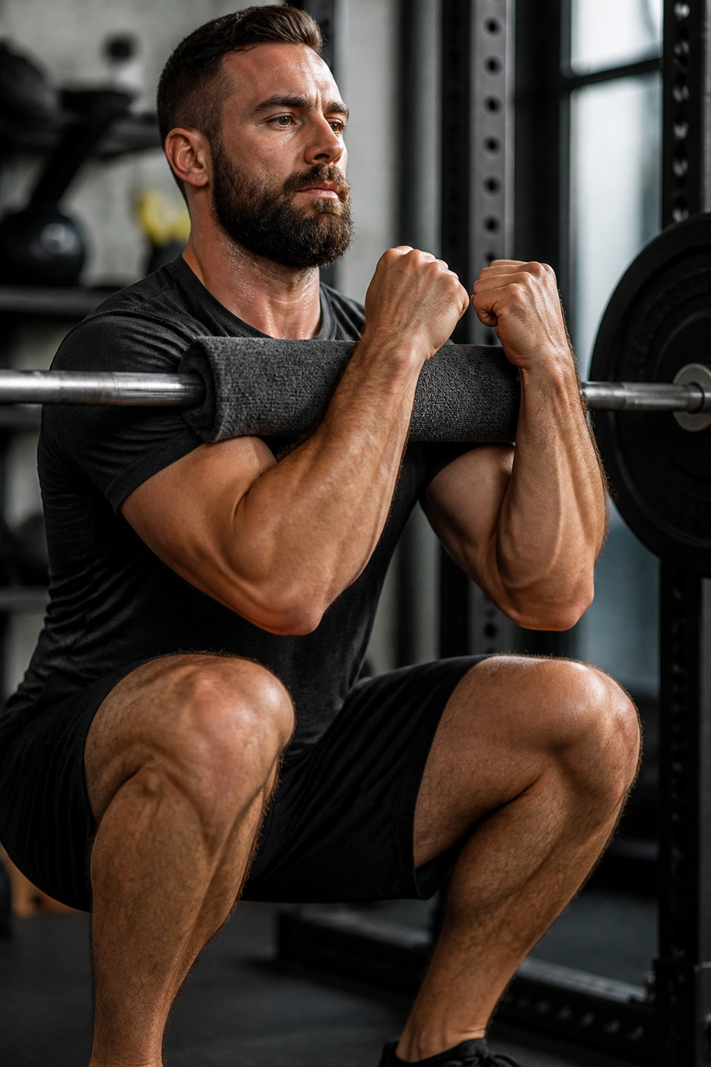 Close-up of a person holding a barbell in the crooks of the elbows during a Zercher squat