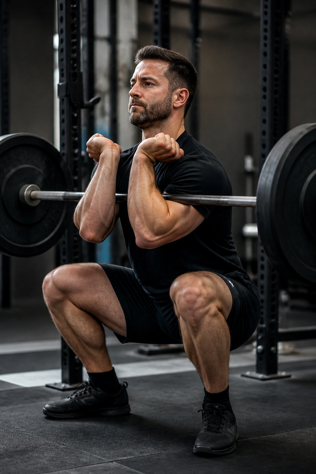 Lifter performing Zercher squat with barbell in crooks of elbows in gym