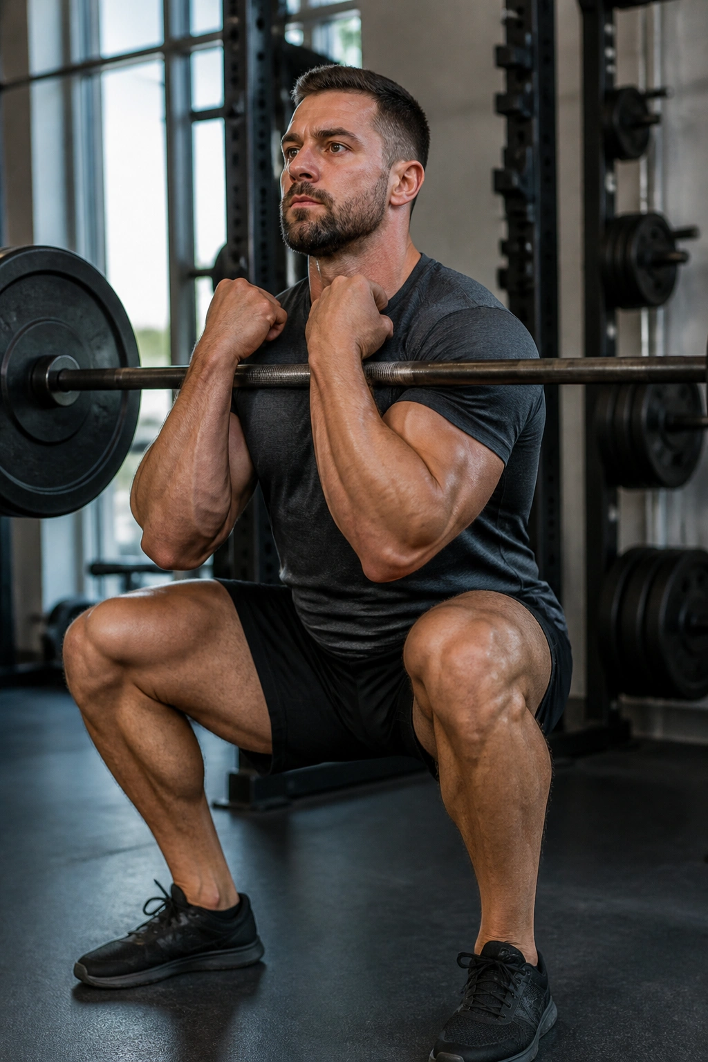 Lifter in Zercher squat holding barbell in elbows