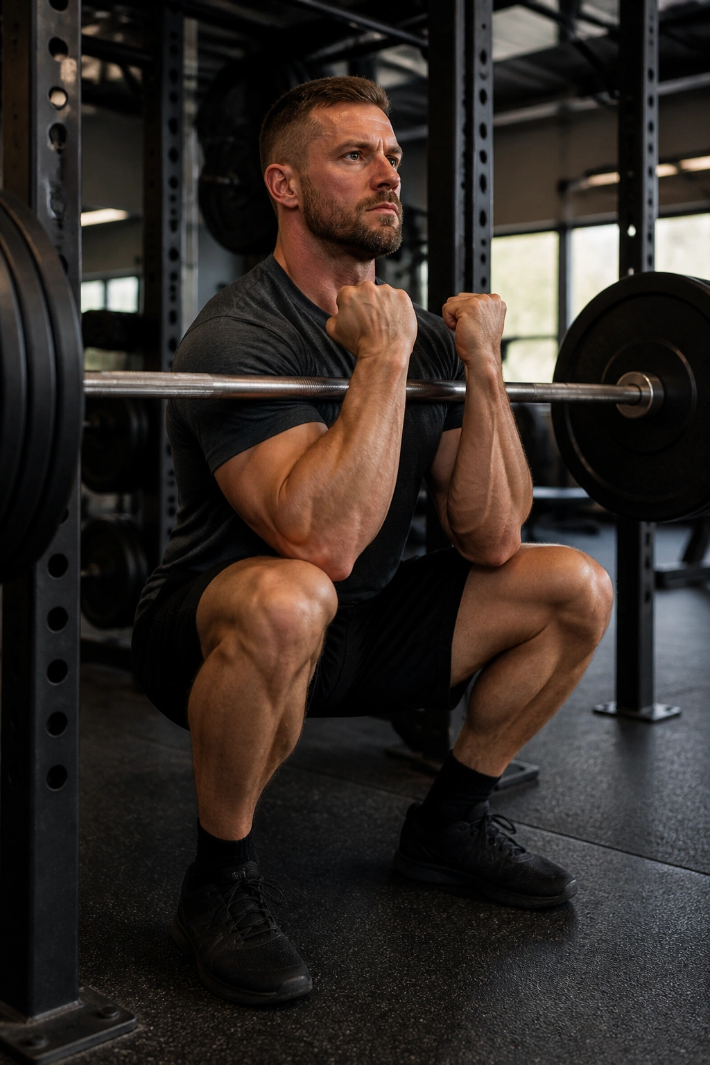 Close-up of a lifter with a barbell in the crooks of the elbows ready to squat