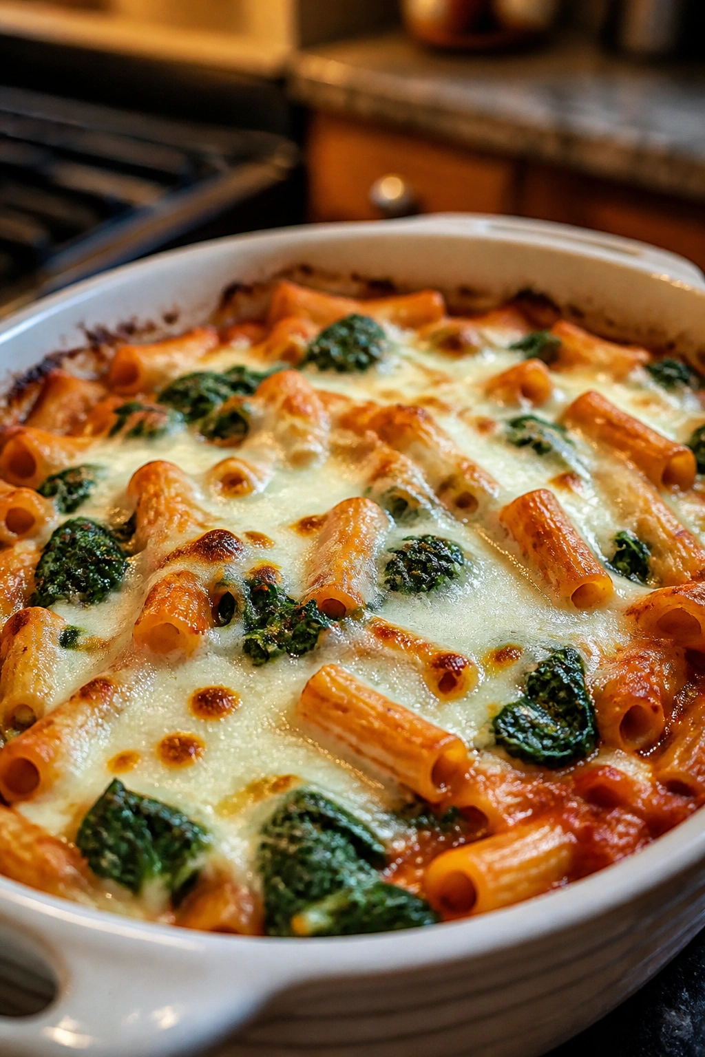 Close-up of baked ziti with spinach and mozzarella