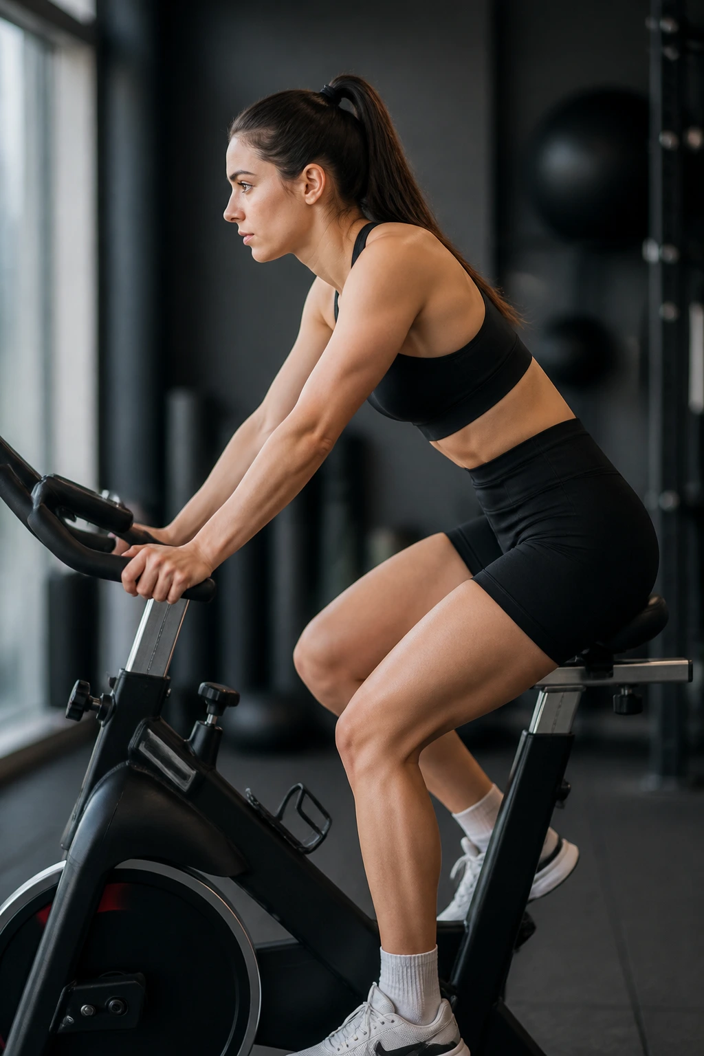 Side view of a person cycling on a stationary bike in a gym