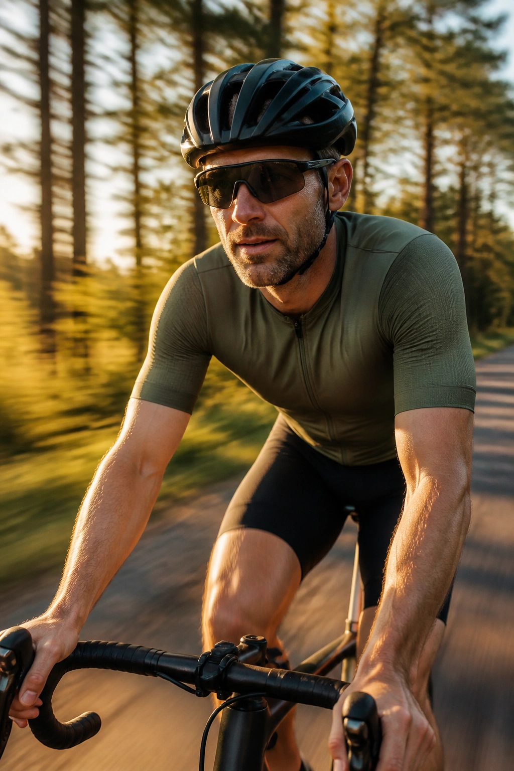 Cyclist on road bike riding along a tree-lined path at golden hour