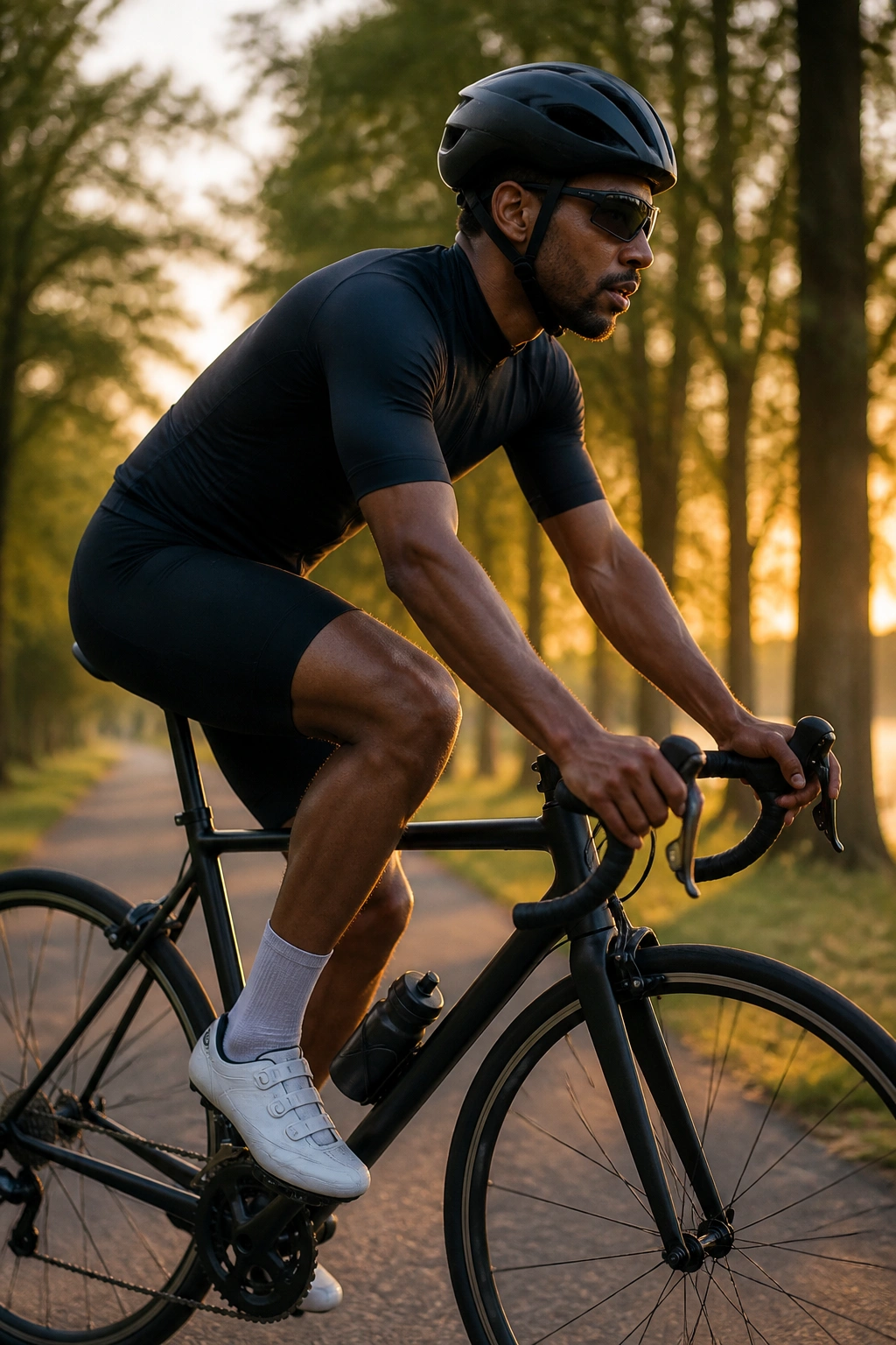Person cycling on a road bike along a park path