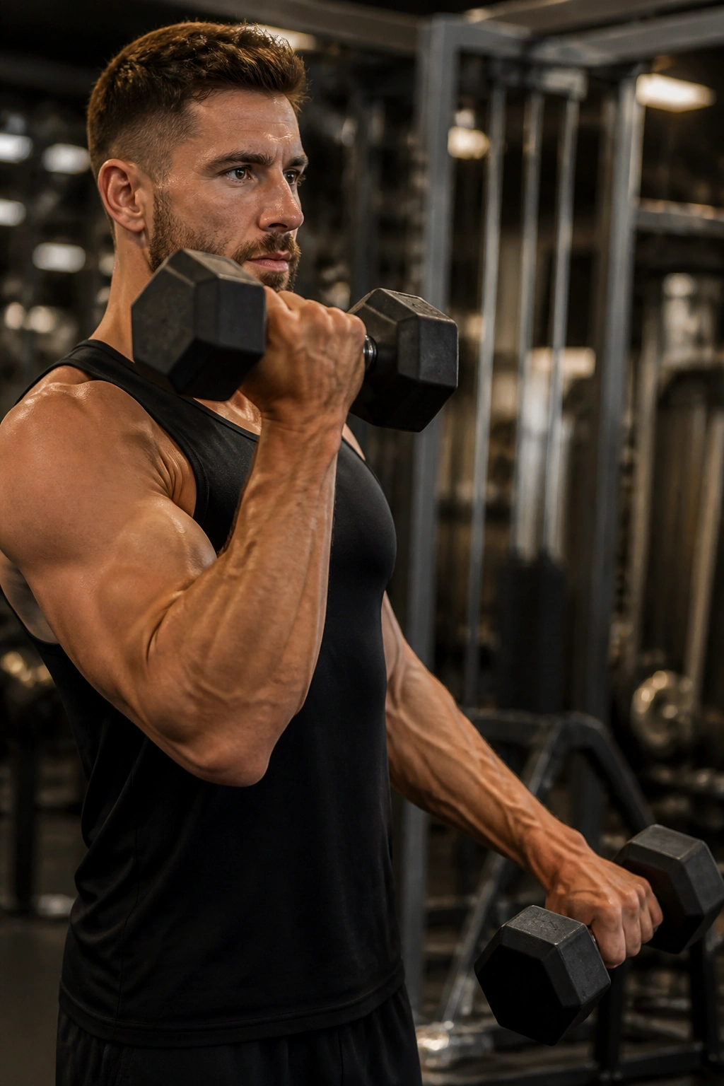 Close-up of forearm during Zottman curl showing rotation from supination to pronation in gym lighting