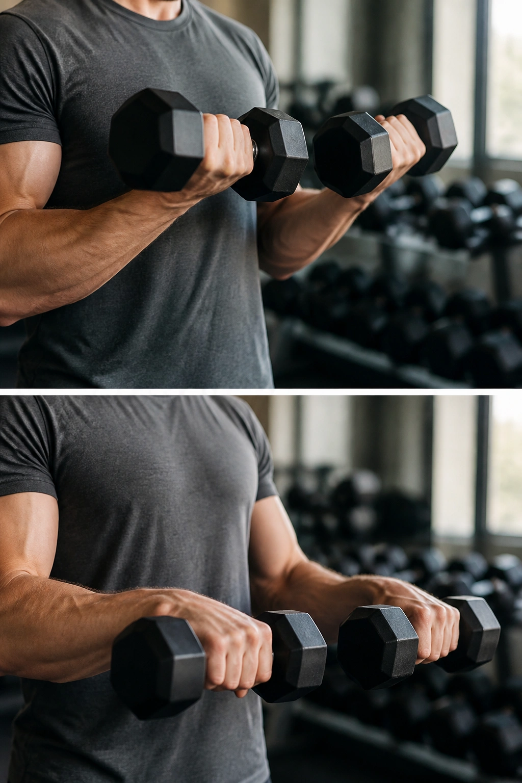 Hands performing a Zottman curl with rotation at top, forearm engaged