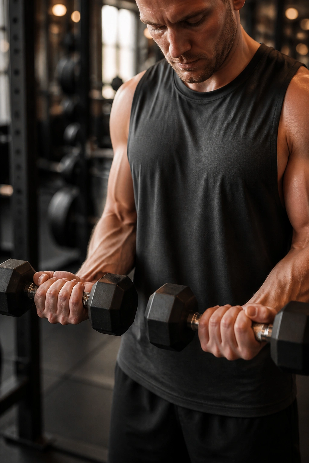 Close-up of a real person performing Zottman curls highlighting biceps and forearms in a gym