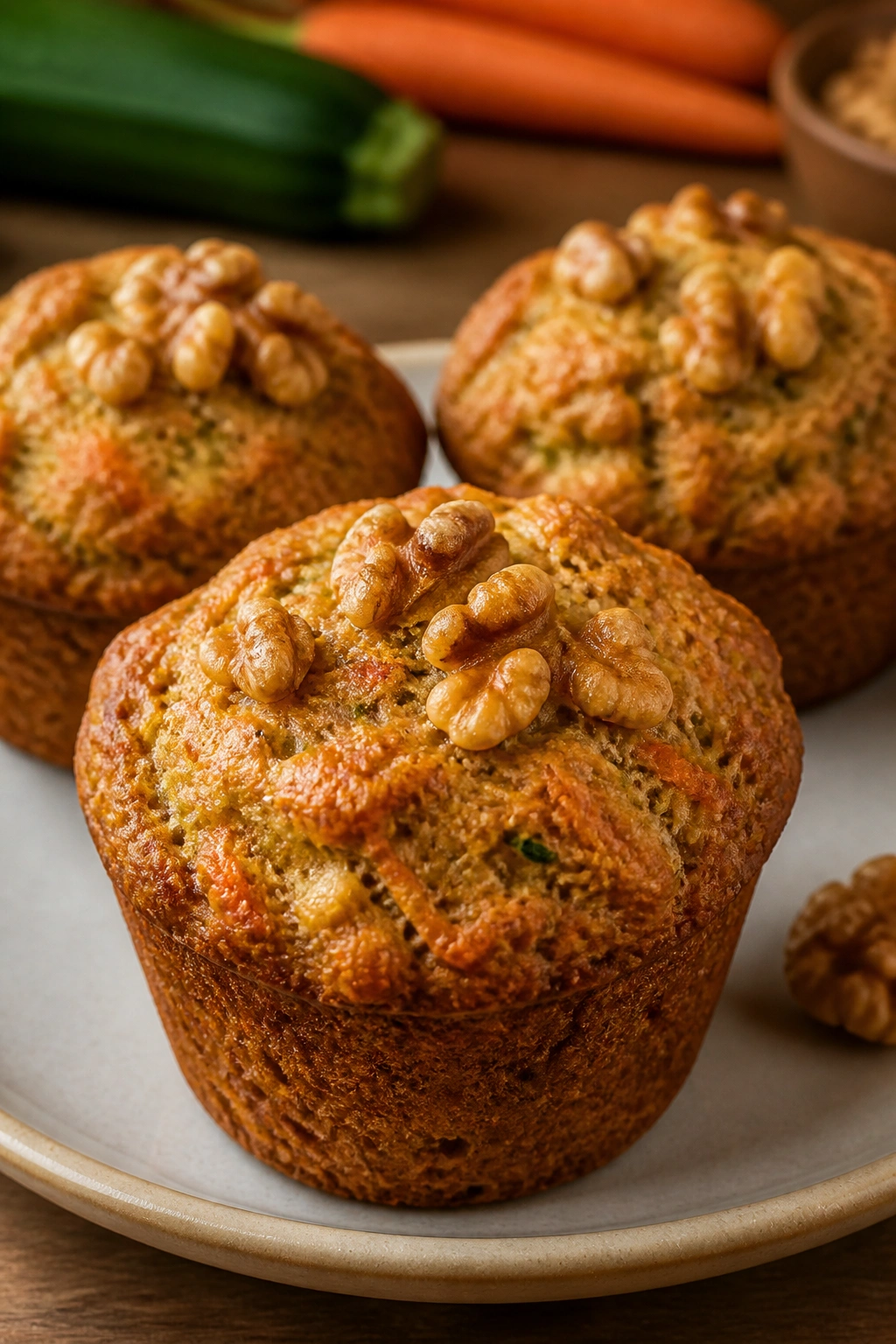 Close-up of zucchini carrot muffin with walnuts