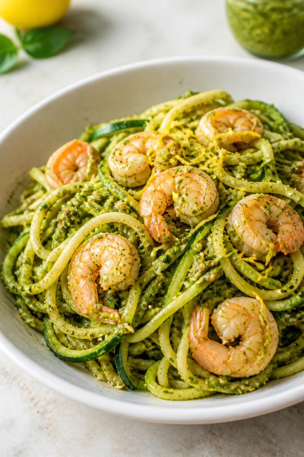 Close-up of zucchini noodles with shrimp and pesto on a plate
