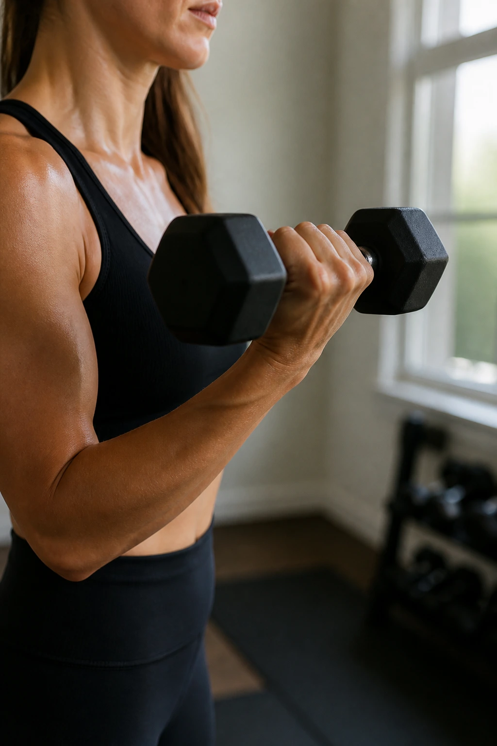 Close-up of forearm during a 1.5-rep curl showing halfway and full positions