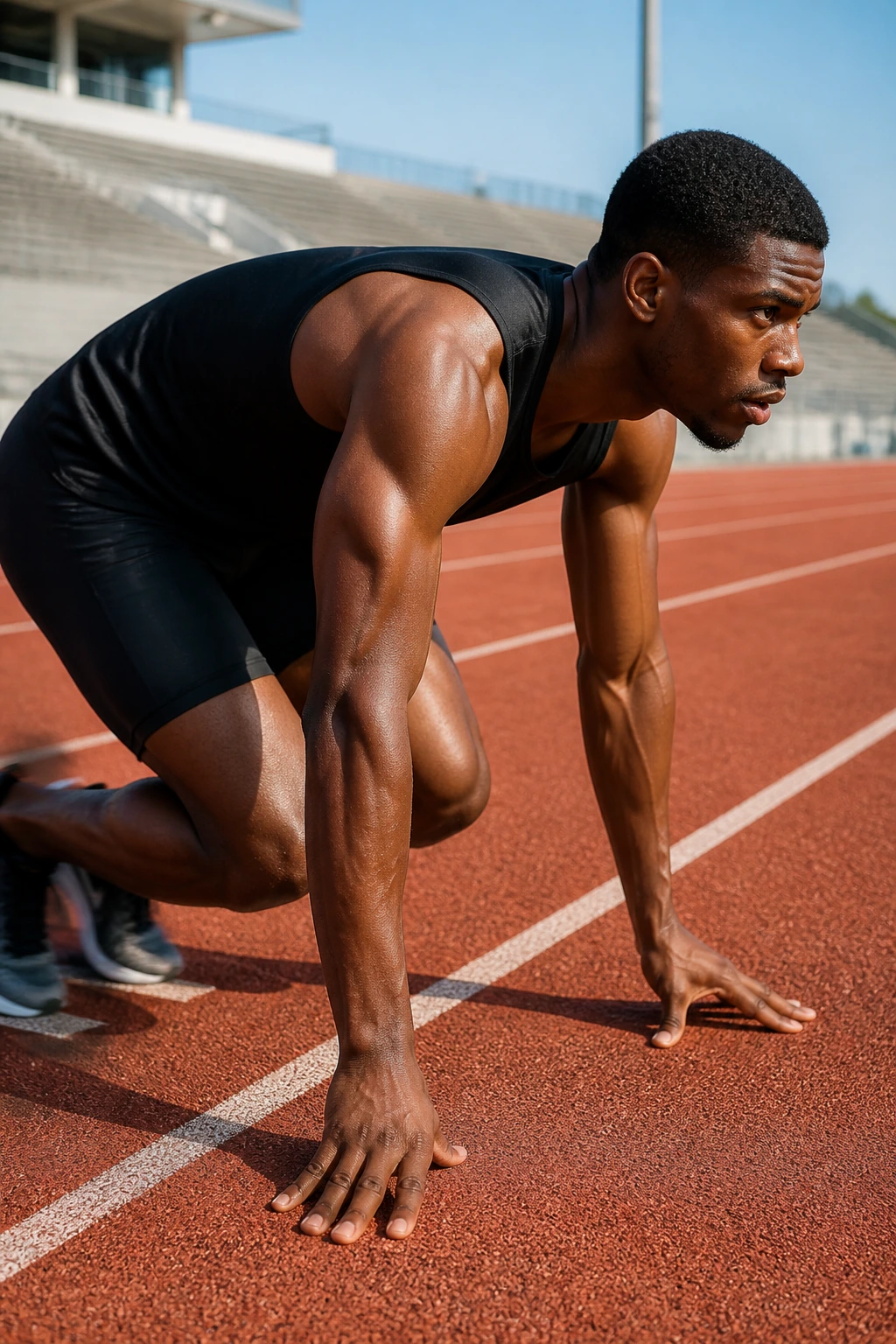 Sprinter on track performing 100m repeats with relaxed fast pace