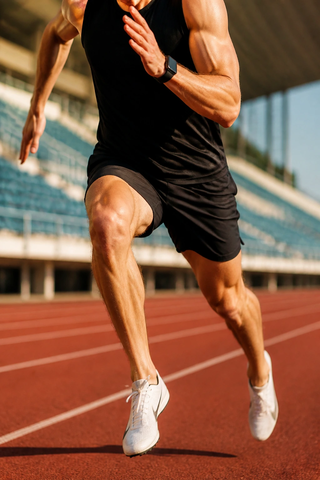 Close-up of runner finishing a 150m sprint on track