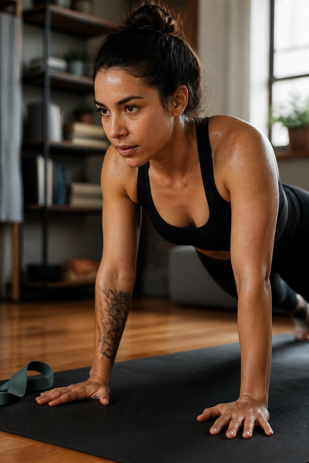 Mid-shot of a woman performing a quick 20-minute home workout on a mat in a cozy apartment