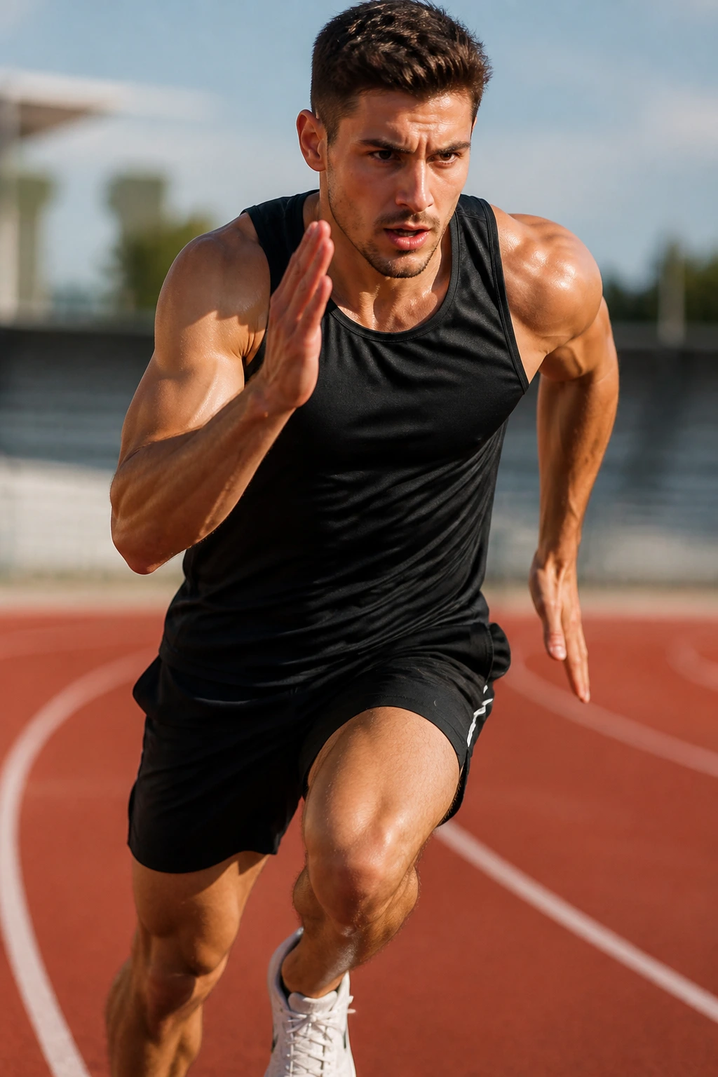 Runner mid-stride during 200m repeats at controlled speed on a track